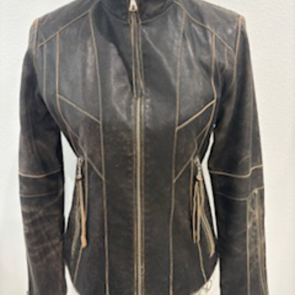Andrew Marc New York Brown Distressed Leather Moto Jacket Small